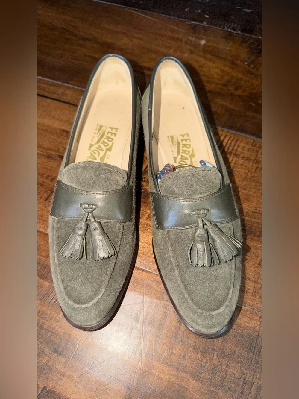 Salvatore Ferragamo Olive Green Suede Tassel Penny Loafers
